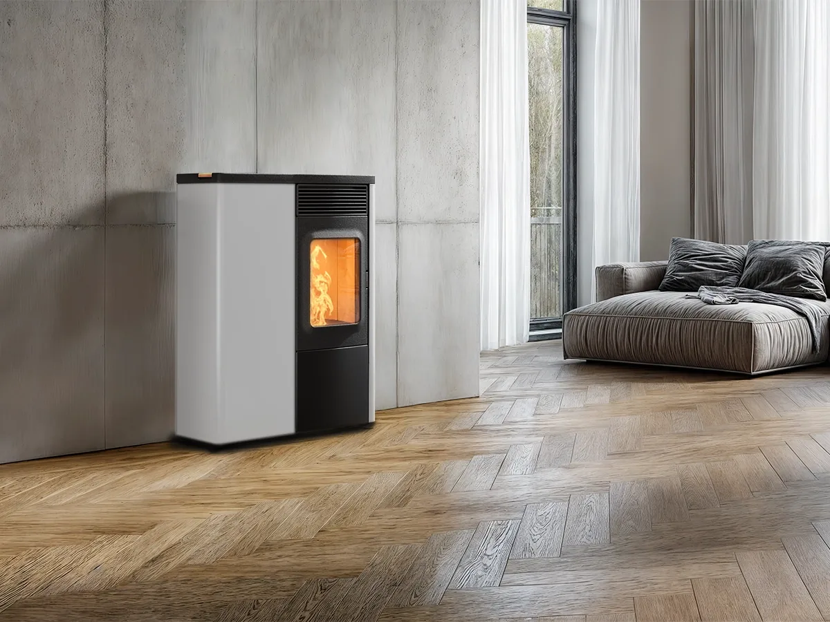 Poêle à granulés Nobis N70 Slim blanc en situation